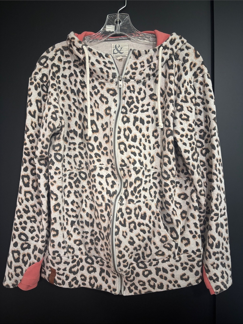 AMPERSAND AVE Leopard Print Zip Hoodie with Coral Trim